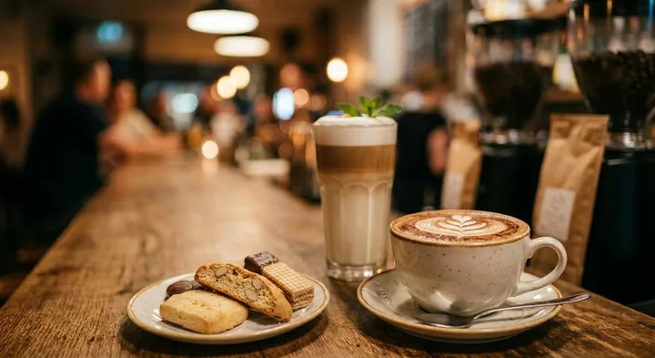 Latte, cappuccino and biscuits on a warm cafe counter