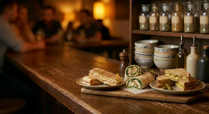 Toasties, wraps and sandwiches on a wooden serving board