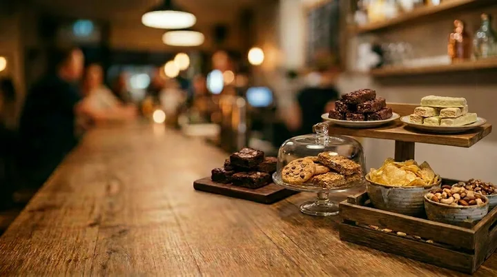 Brownies, cookies, flapjacks, crisps and nuts on a cafe counter