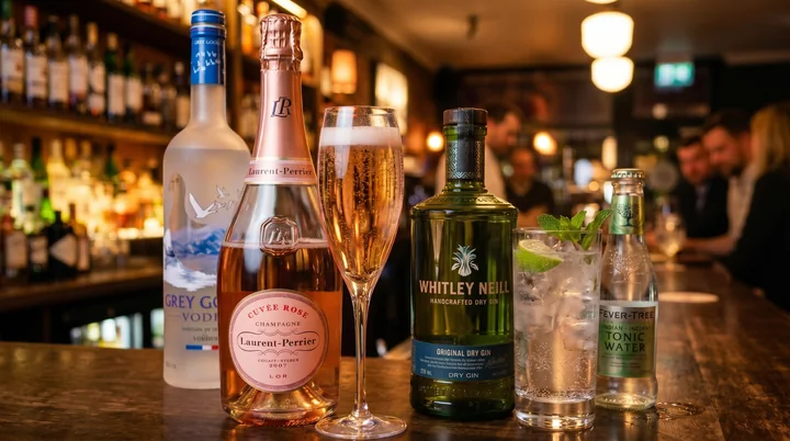 Gin, vodka, champagne and tonic arranged on a bar counter