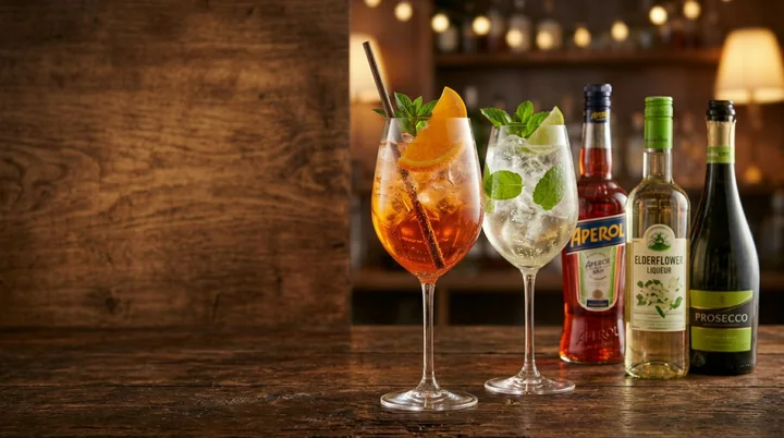 Aperol and Hugo spritz cocktails with bottles on a cafe bar